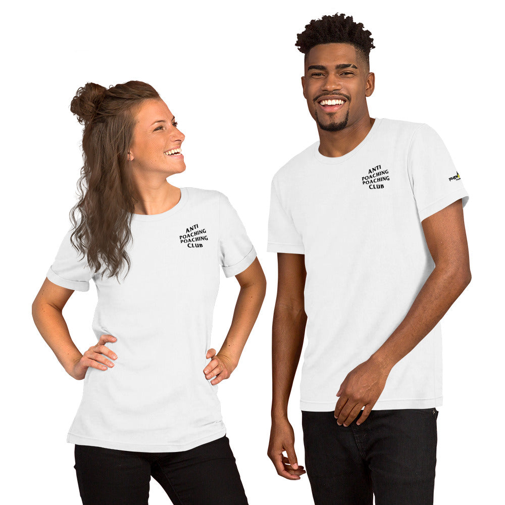smiling couple wearing anti poaching poaching club pickleball apparel shirt white front view