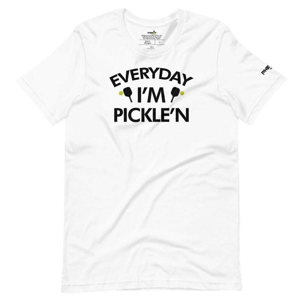 white everyday I'm pickle'n pickleball shirt apparel front view