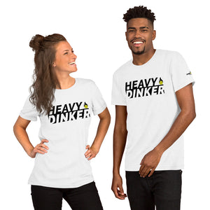 smiling couple wearing white heavy dinker pickleball shirt apparel front view