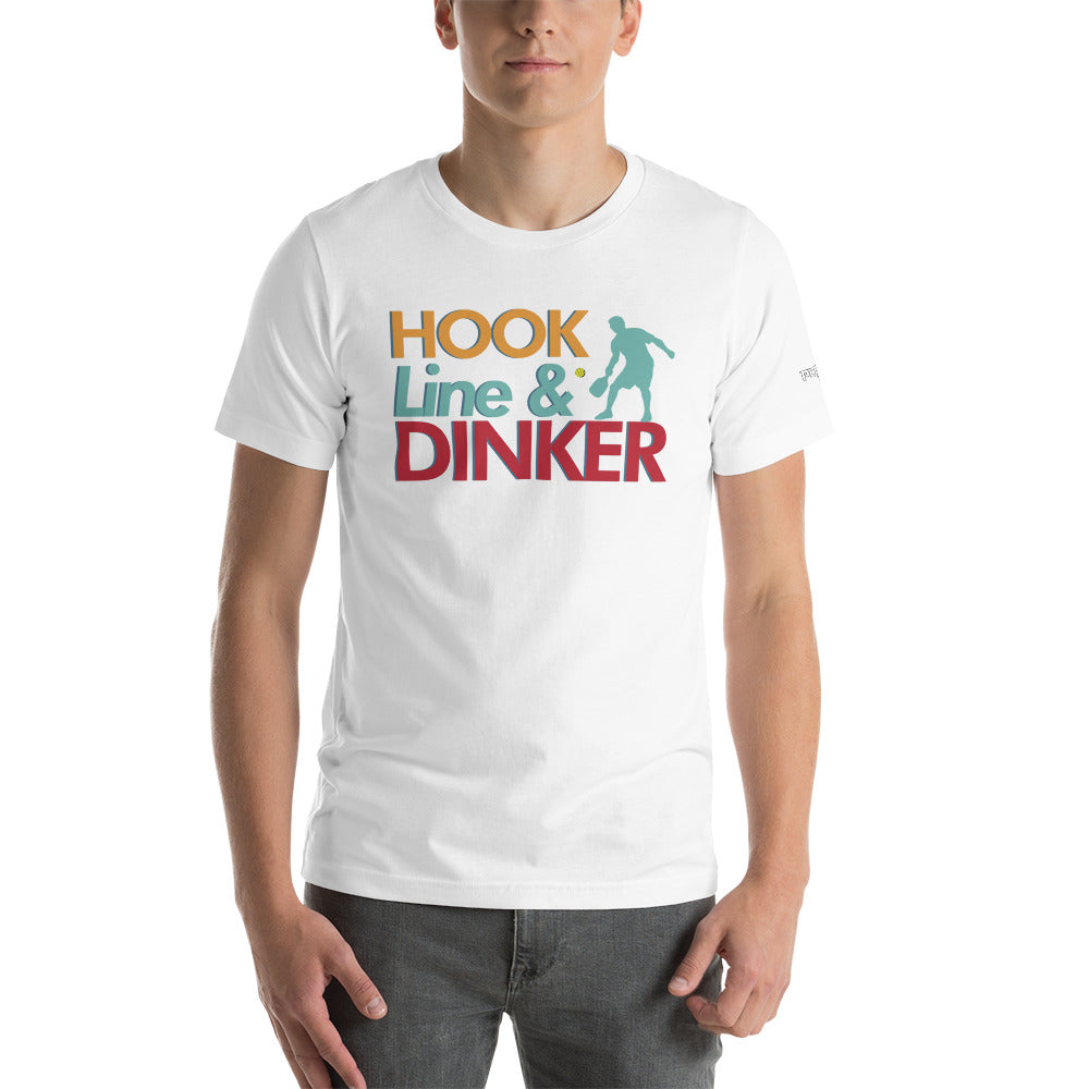 man wearing white hook line dinker pickleball shirt apparel front view
