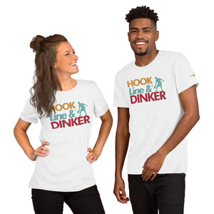 smiling couple wearing white hook line dinker pickleball shirt apparel front view