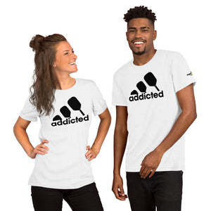 couple smiling wearing white addicted pickleball shirt