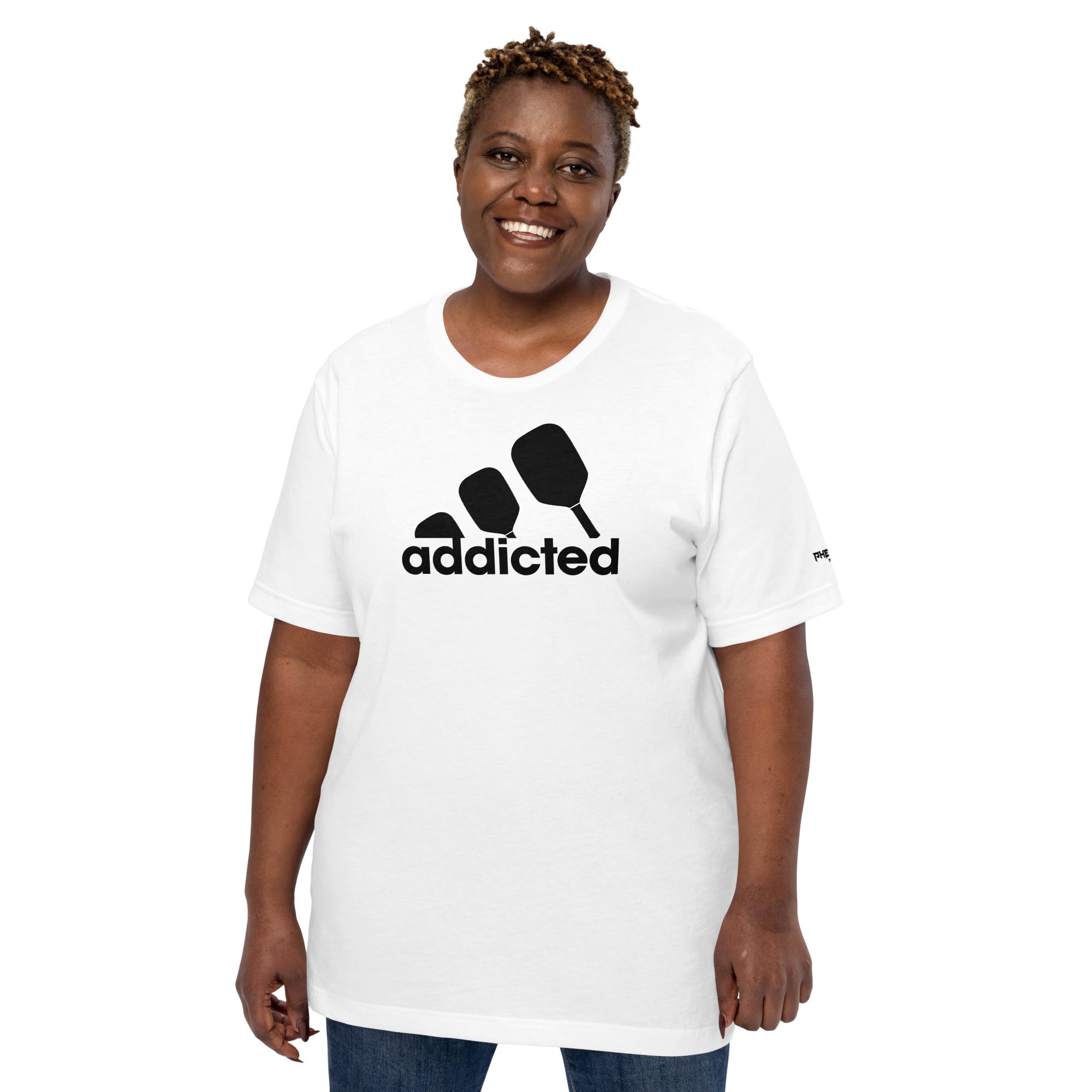 plus sized woman wearing a white addicted pickleball shirt