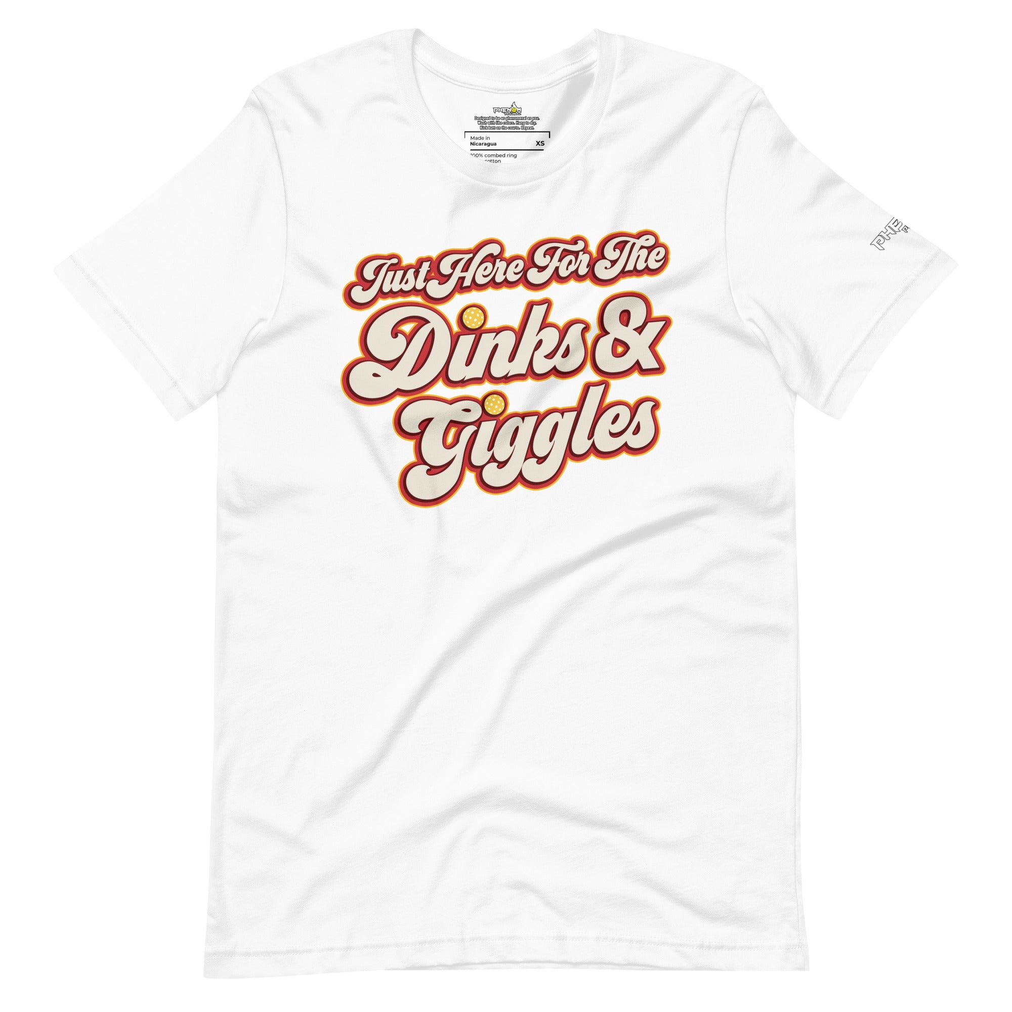 white just here for the dinks and giggles pickleball shirt apparel front view