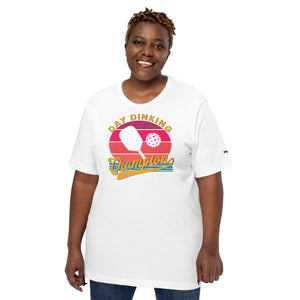 smiling plus sized woman wearing white day dinking champion retro inspired pickleball shirt apparel front view