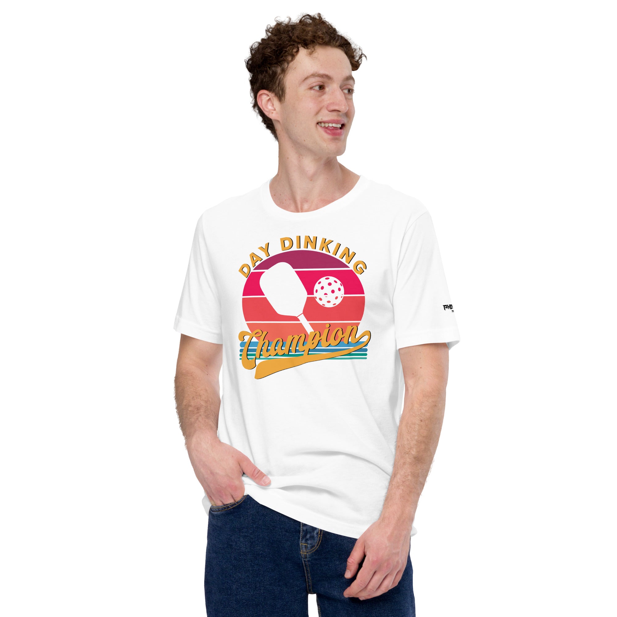 close up of smiling man wearing white day dinking champion retro inspired pickleball shirt apparel front view