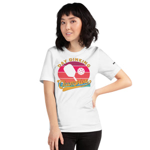 smiling asian woman petite wearing white day dinking champion retro inspired pickleball shirt apparel front view