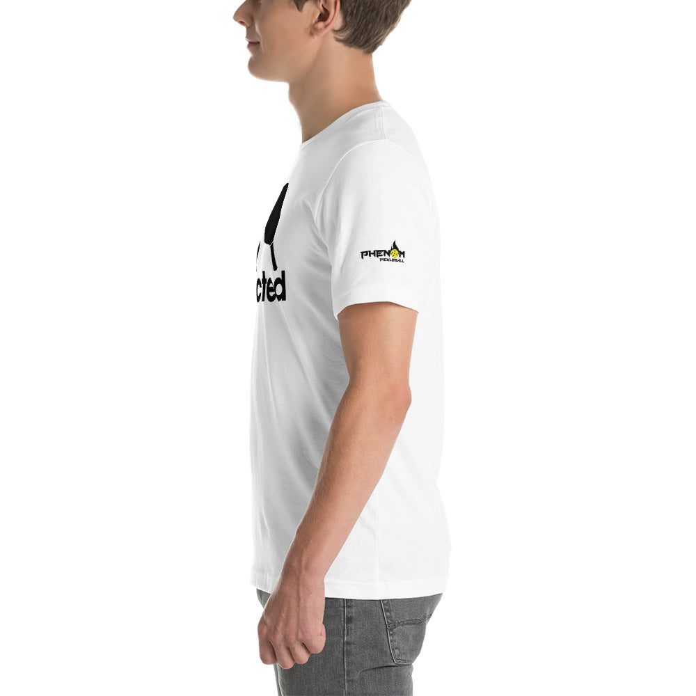 man wearing white addicted phenom pickleball shirt side view