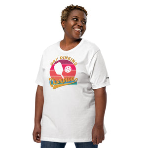 smiling plus sized woman wearing white day dinking champion retro inspired pickleball shirt apparel alternate view
