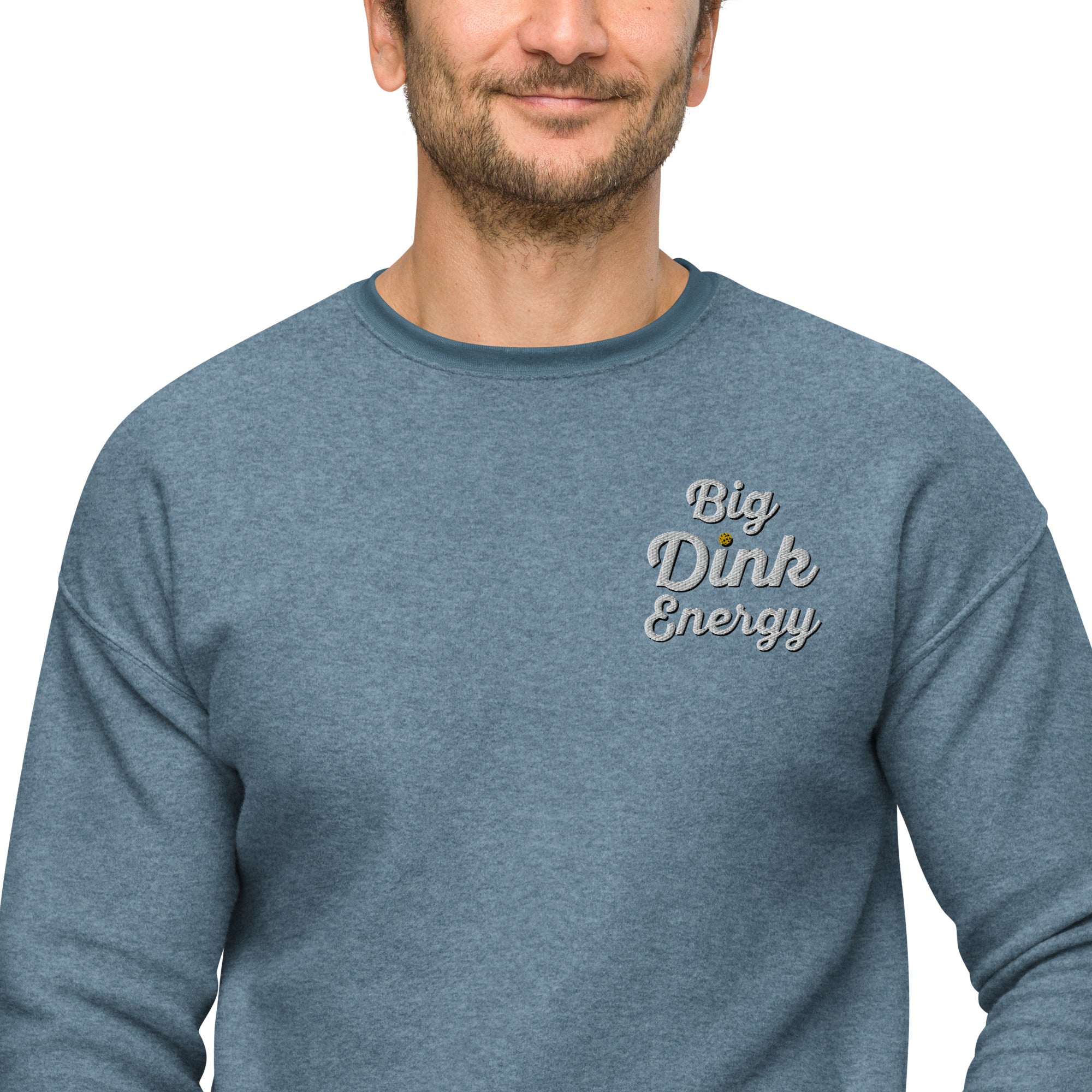close up of man wearing light blue fleece embroidered big dink energy pickleball sweater apparel front view