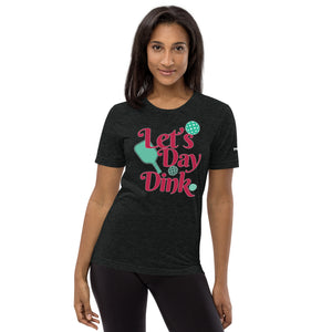 woman in black leggings wearing heather charcoal let's day dink pickleball shirt performance apparel athletic top front view