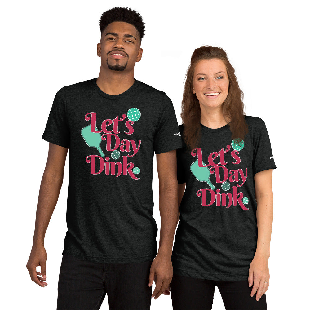 smiling couple wearing heather charcoal let's day dink pickleball shirt performance apparel athletic top front view