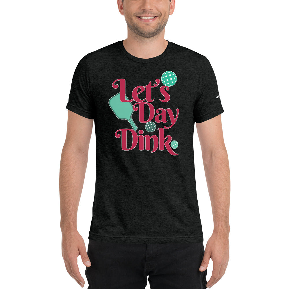 smiling man wearing heather charcoal let's day dink pickleball shirt performance apparel athletic top front view