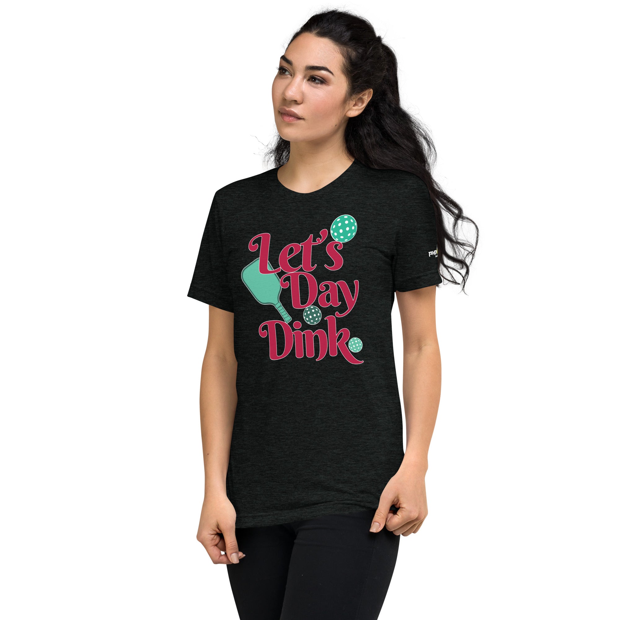woman with long hair wearing heather charcoal let's day dink pickleball shirt performance apparel athletic top left front view