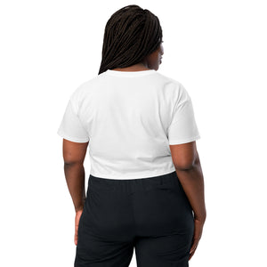smiling plus sized woman wearing white let's day dink women's crop top pickleball apparel performance shirt athletic top back view