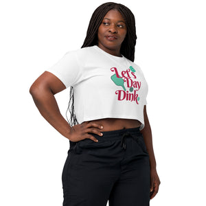 plus sized woman in black pants wearing white let's day dink women's crop top pickleball apparel performance shirt athletic top front view