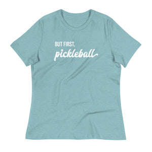 light blue women's but first pickleball shirt apparel front view