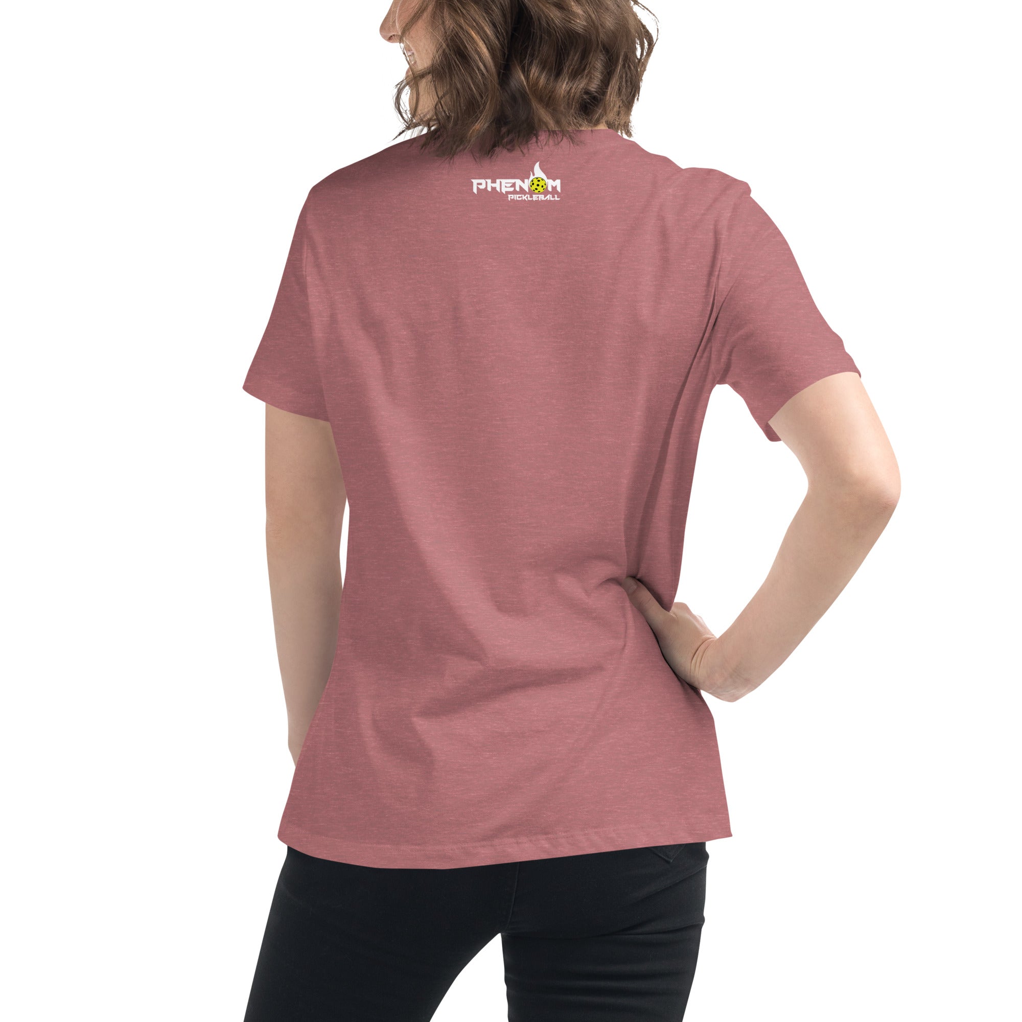 close up of smiling woman wearing toasted mauve women's but first pickleball shirt apparel back view