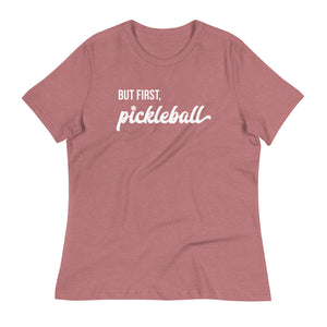 toasted mauve women's but first pickleball shirt apparel front view
