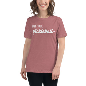 close up of smiling woman wearing toasted mauve women's but first pickleball shirt apparel front view